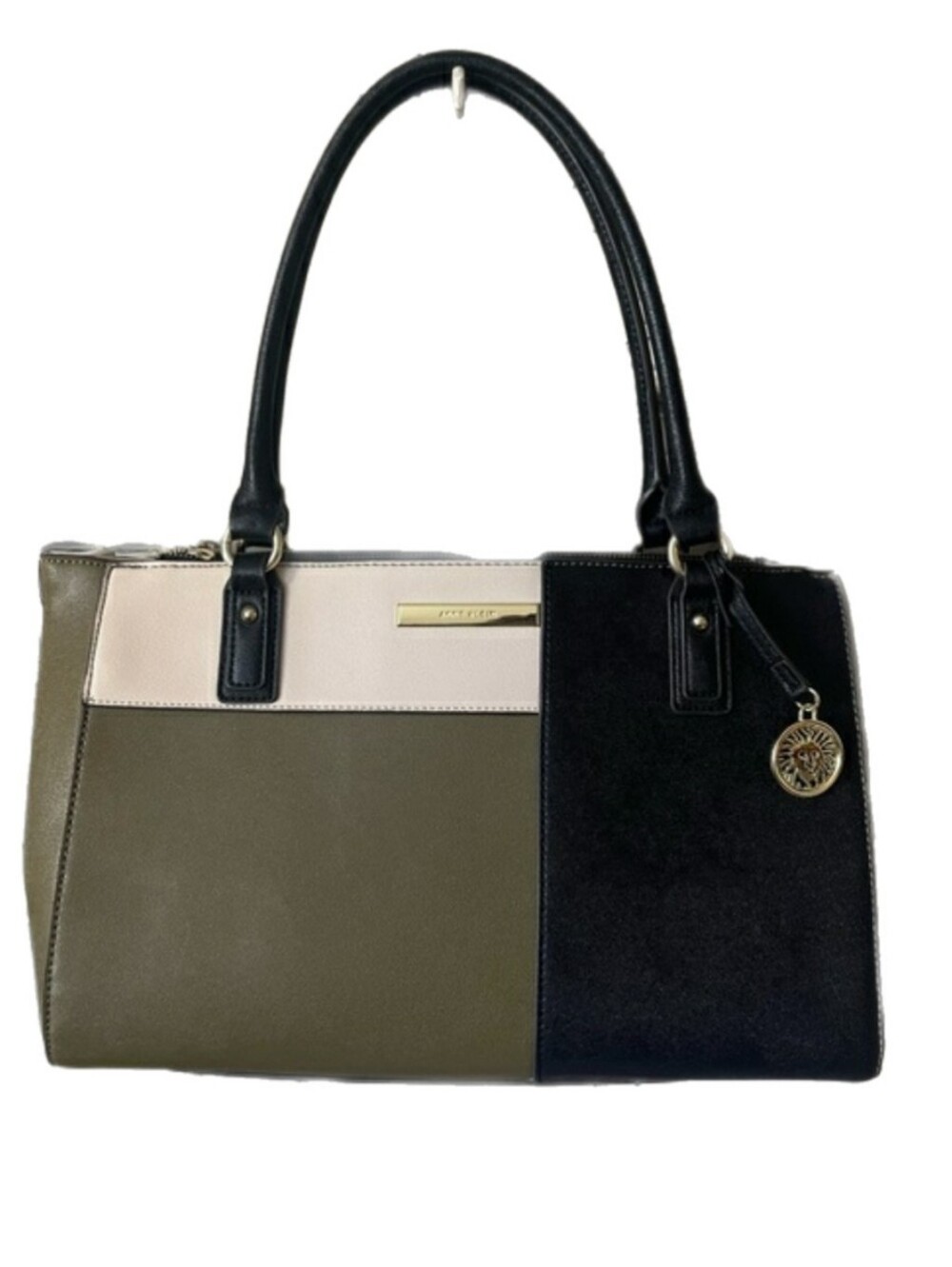 Anne Klein Olive Green Black and Cream Colorblock Tote